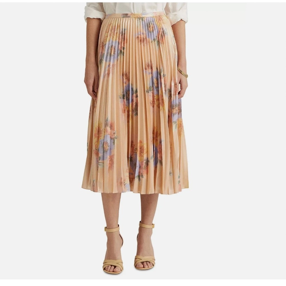 Lauren Ralph Lauren Metallic Floral Pleated Midi Skirt Gold‎ Pink Size 16